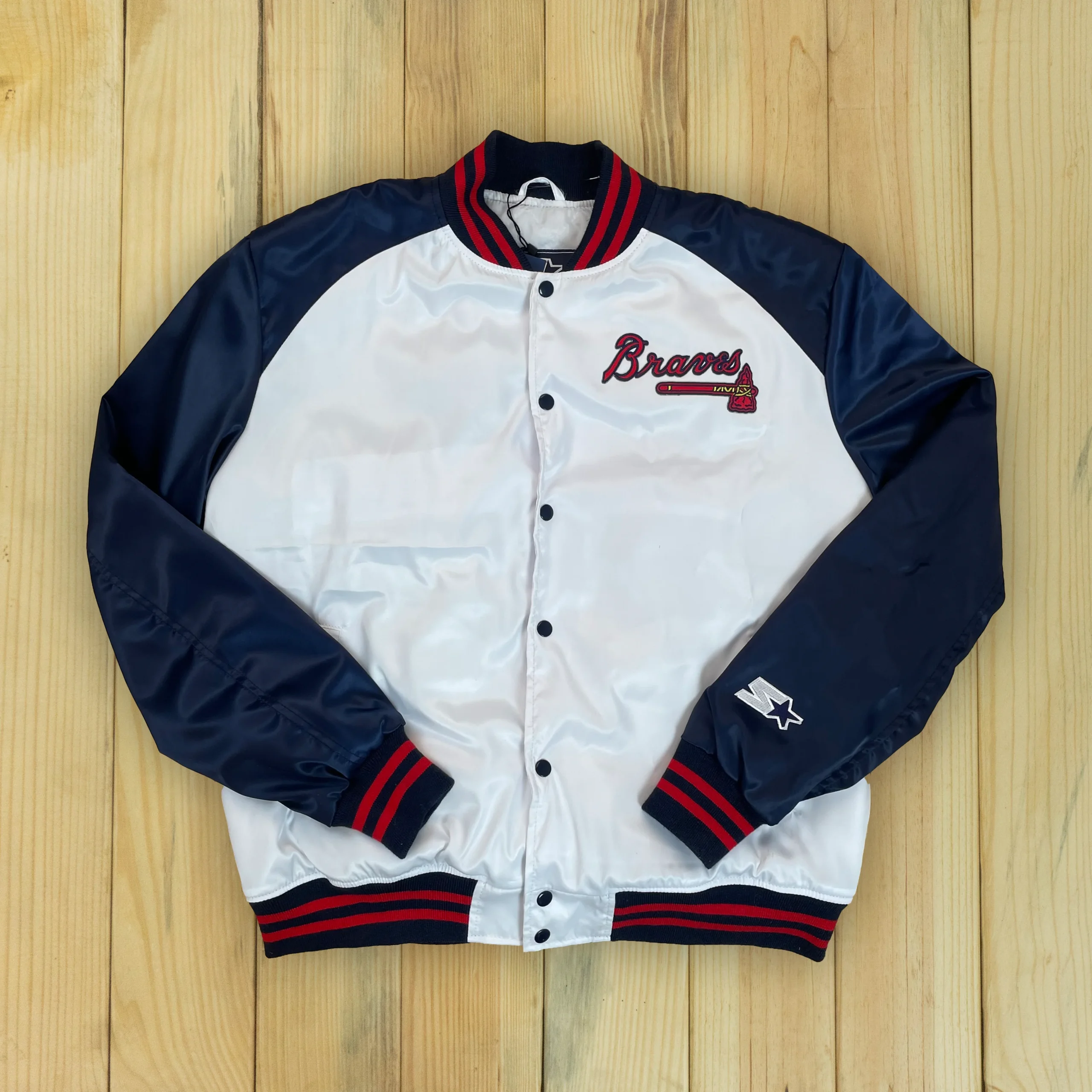 Atlanta Braves Clean Up Hitter Satin Varsity White/Navy Jacket
