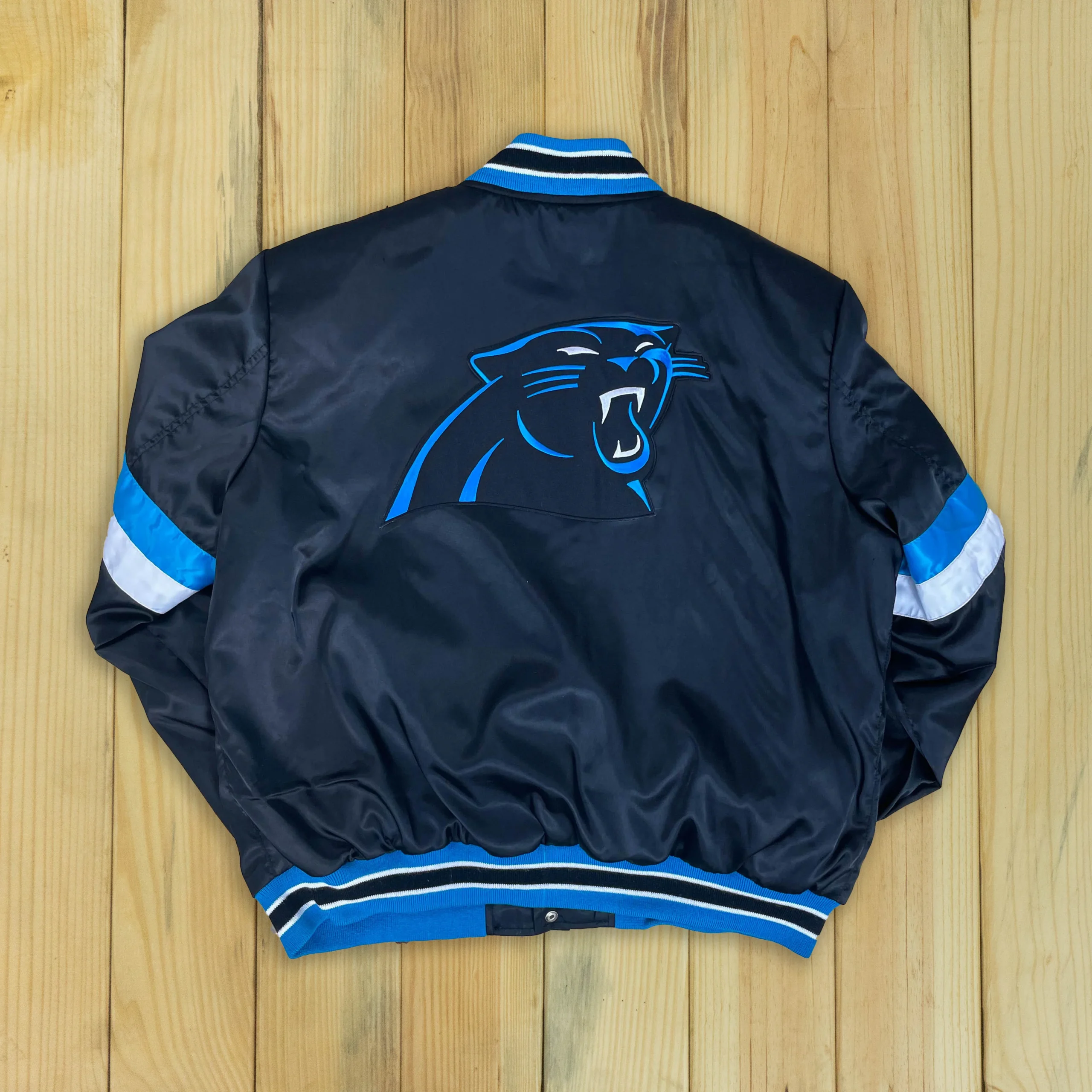 Alternative view of Carolina Panthers Triple Option Satin Varsity Jacket
