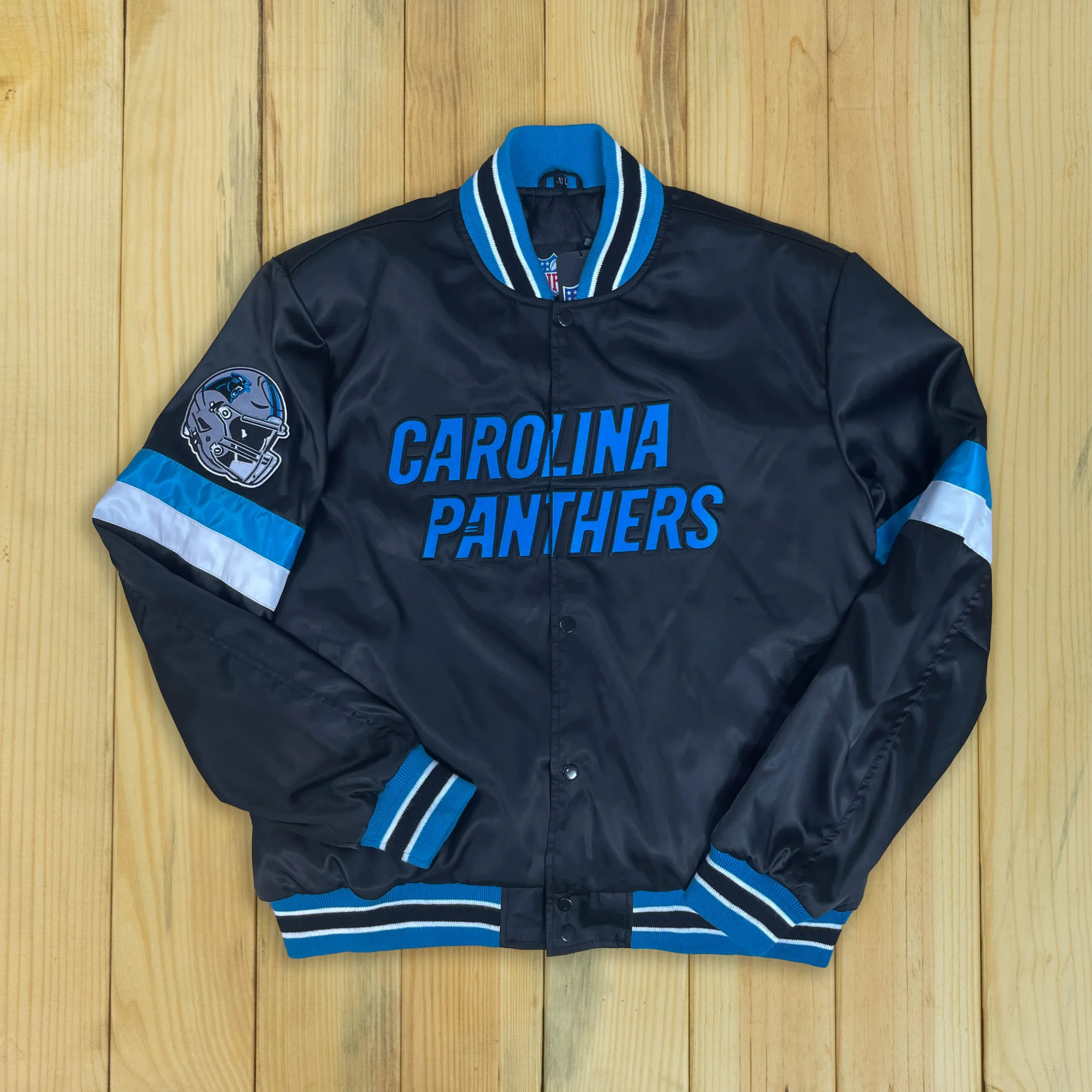 Carolina Panthers Triple Option Satin Varsity Jacket