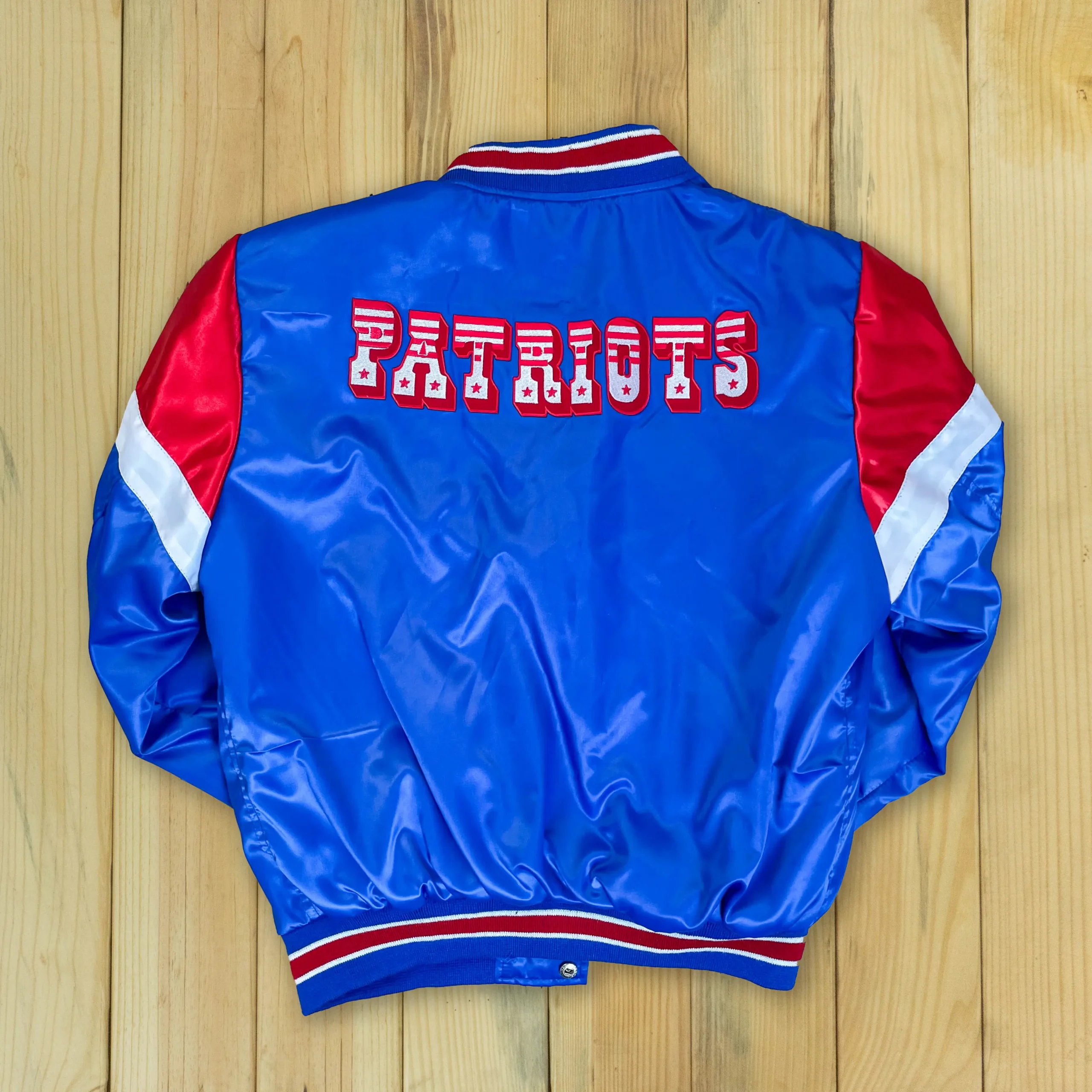 Alternative view of New England Patriots Cooperstown Heavyweight Full-Snap Blue Satin Varsity Jacket