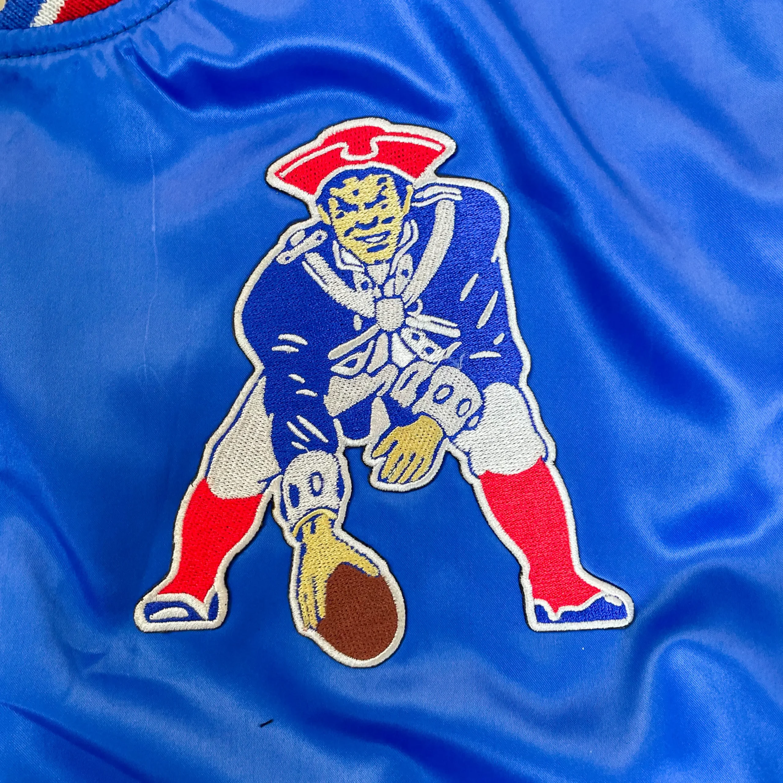 New England Patriots Cooperstown Heavyweight Full-Snap Blue Satin Varsity Jacket - Image 4