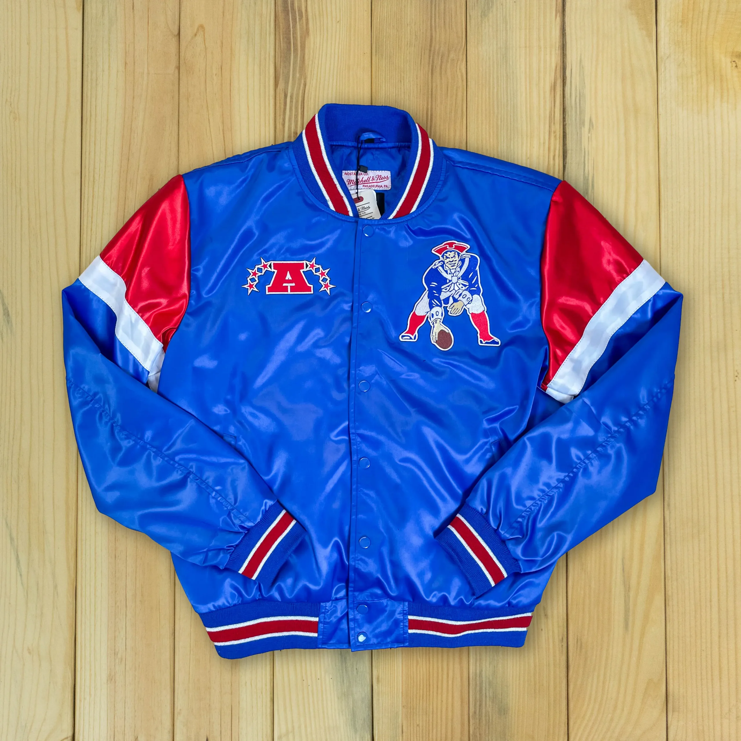 New England Patriots Cooperstown Heavyweight Full-Snap Blue Satin Varsity Jacket