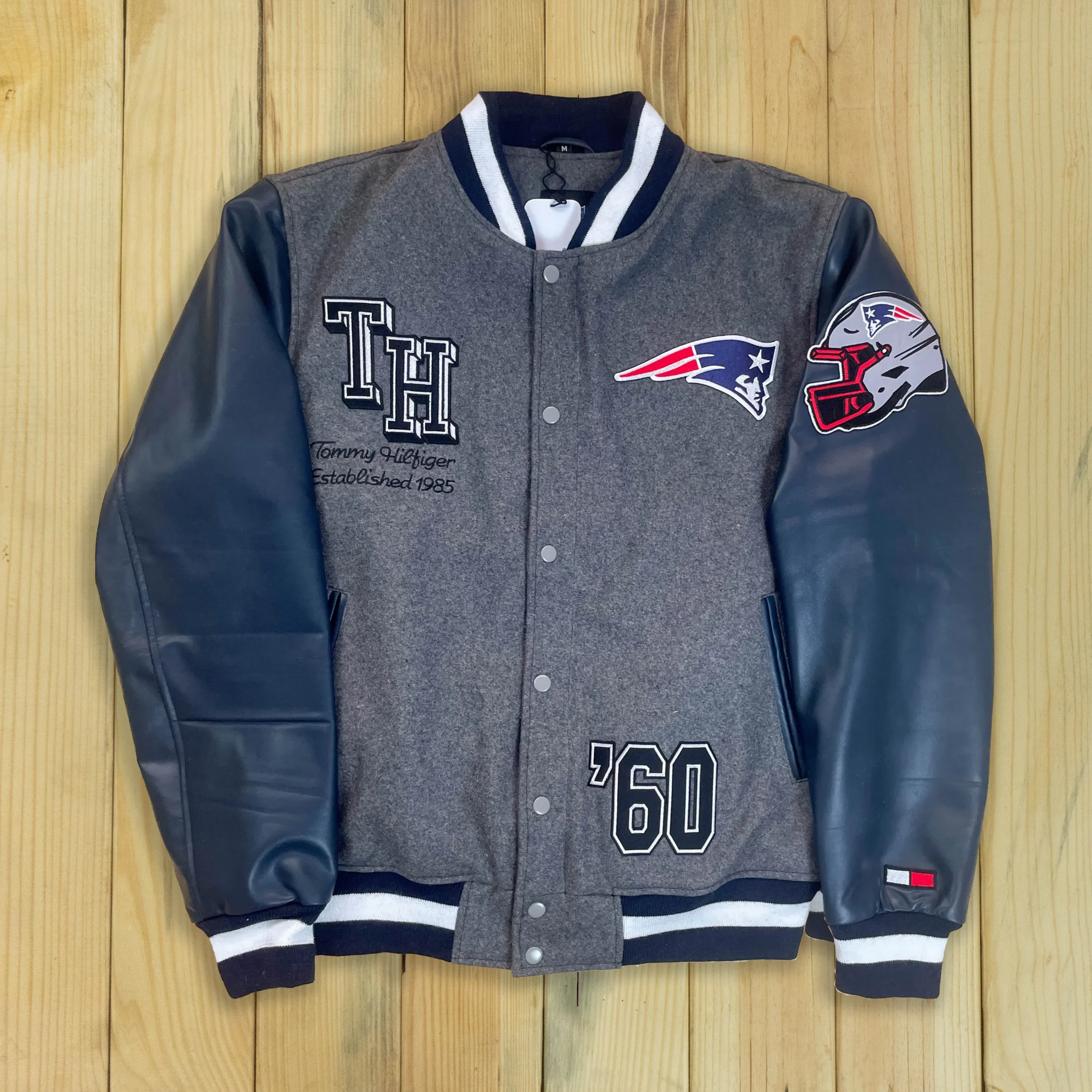 New England Patriots Heather Gunner Gray/Black Wool & Leather Varsity Jacket