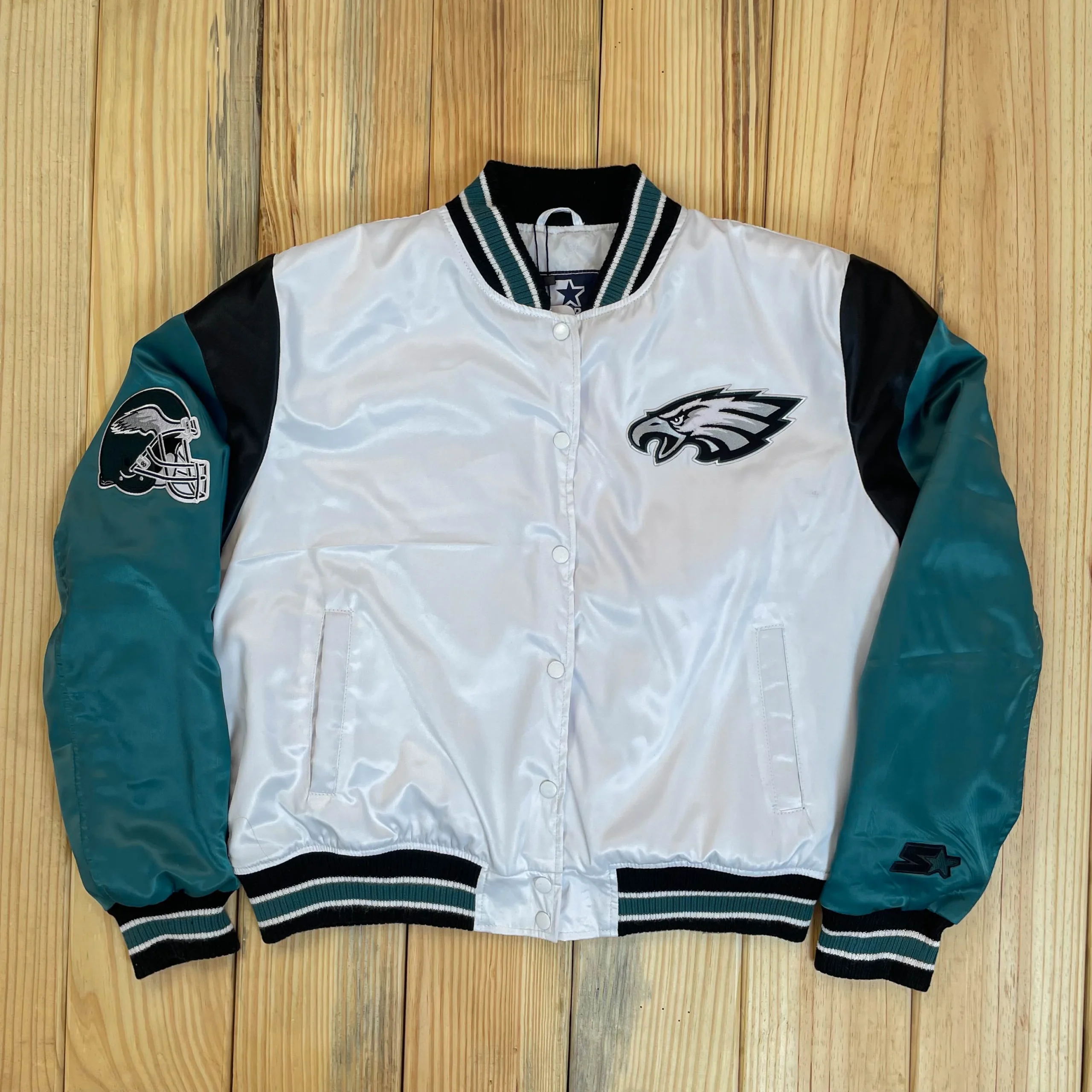 Philadelphia Eagles Pitch Full-Snap White/Green Satin Varsity Jacket
