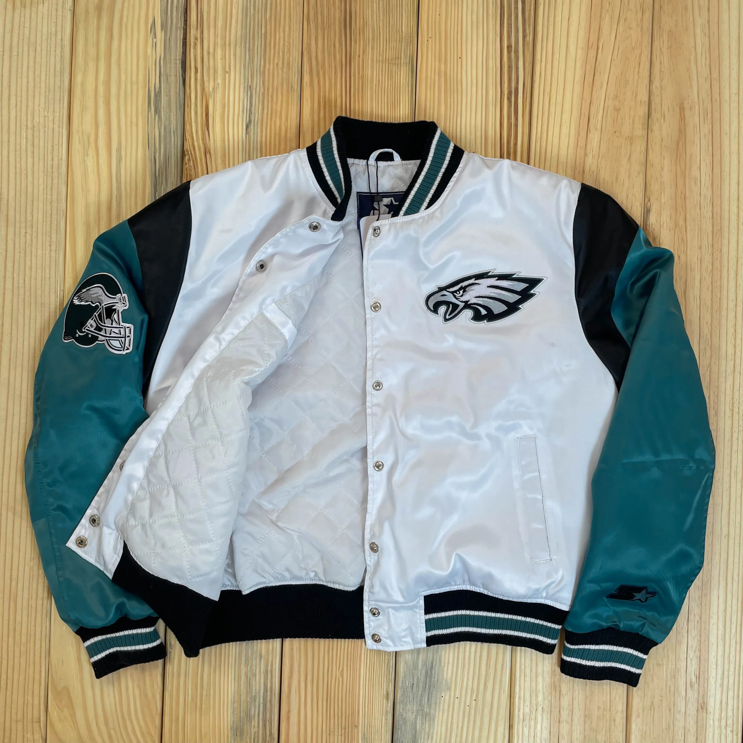 Alternative view of Philadelphia Eagles Pitch Full-Snap White/Green Satin Varsity Jacket