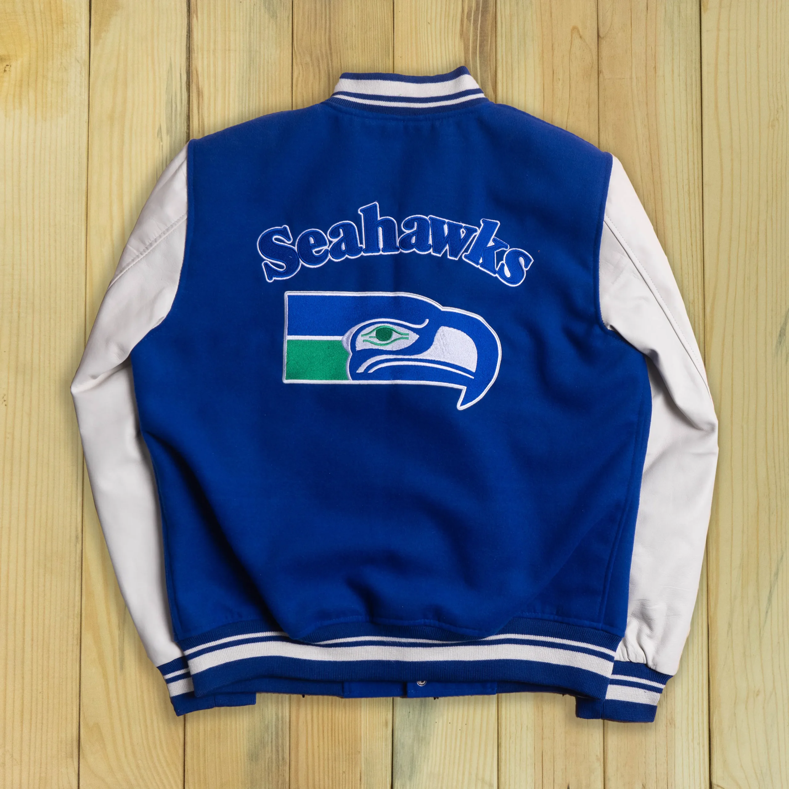 Alternative view of Seattle Seahawks Retro Classic Blue/White Wool & Leather Varsity Jacket