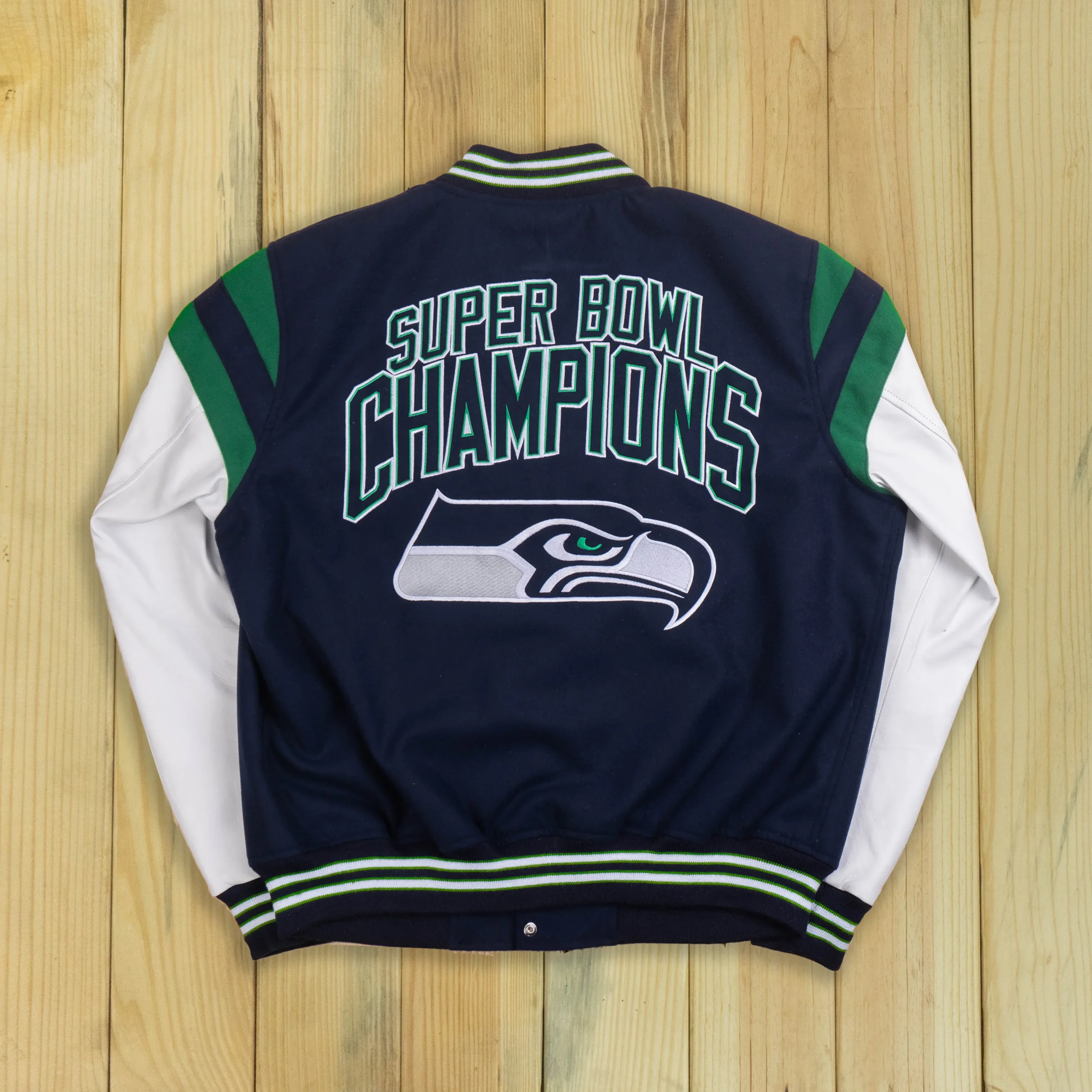Alternative view of Seattle Seahawks Title Holder Navy & White Satin Varsity Jacket