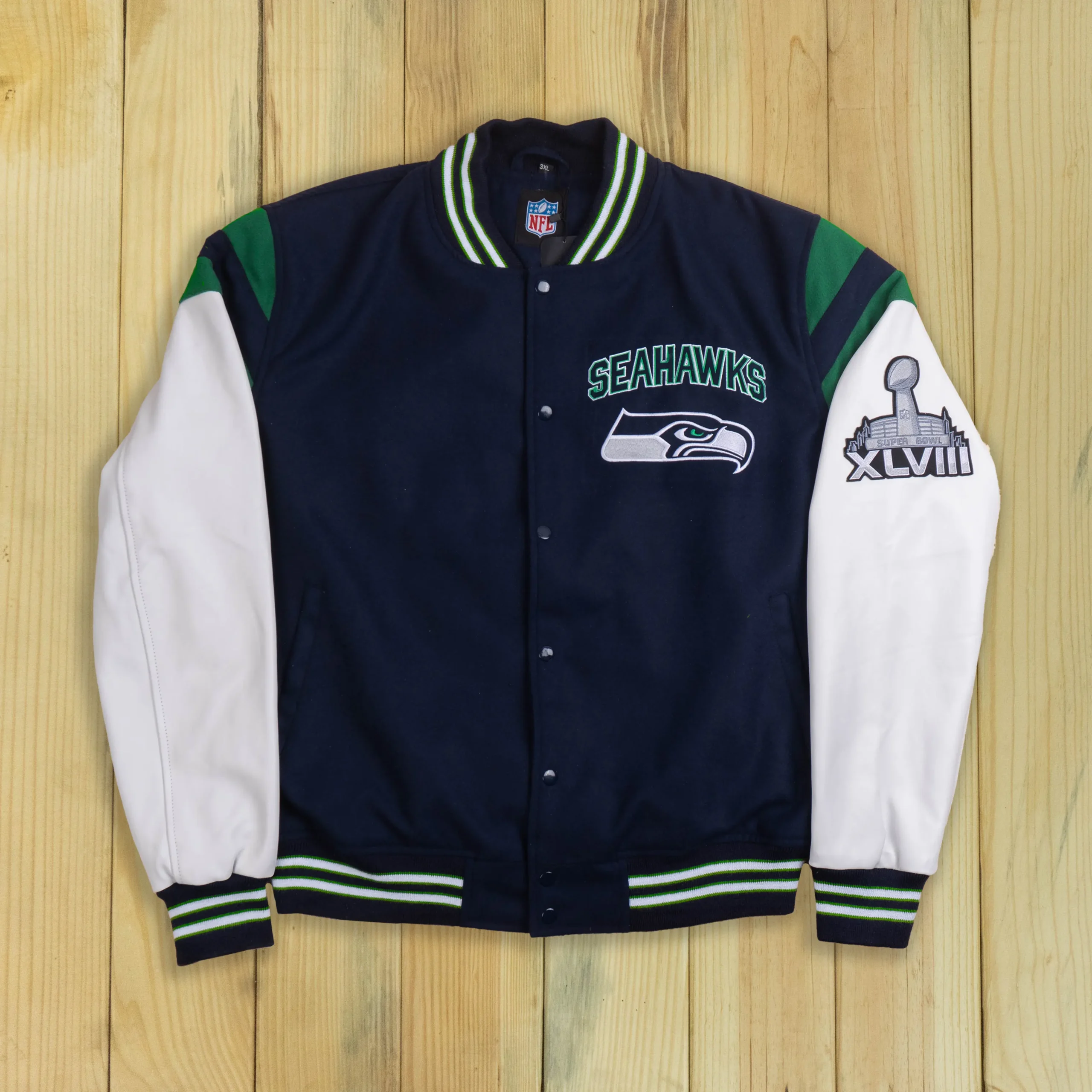 Seattle Seahawks Title Holder Navy & White Satin Varsity Jacket
