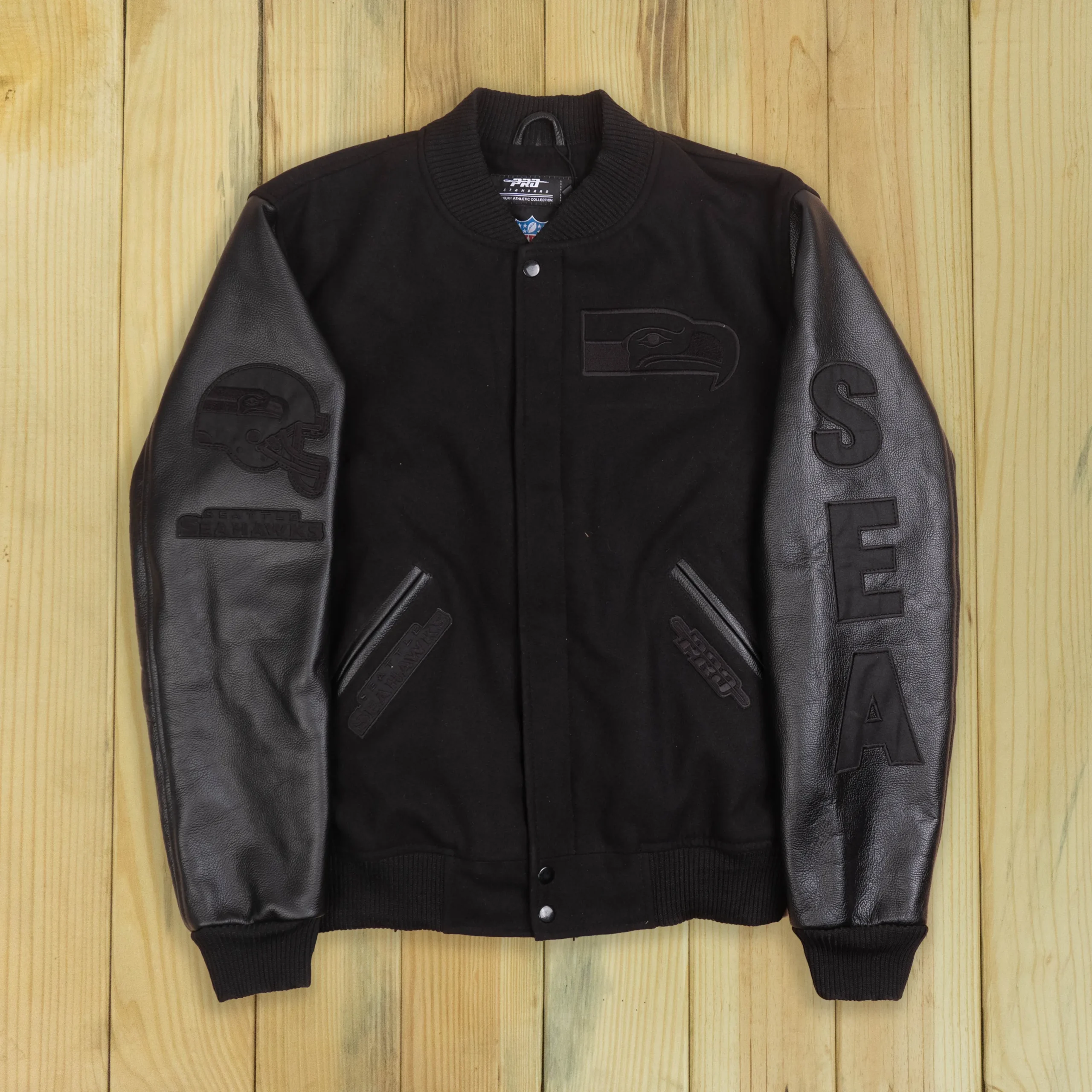 Seattle Seahawks Triple Black Wool & Leather Varsity Black Jacket