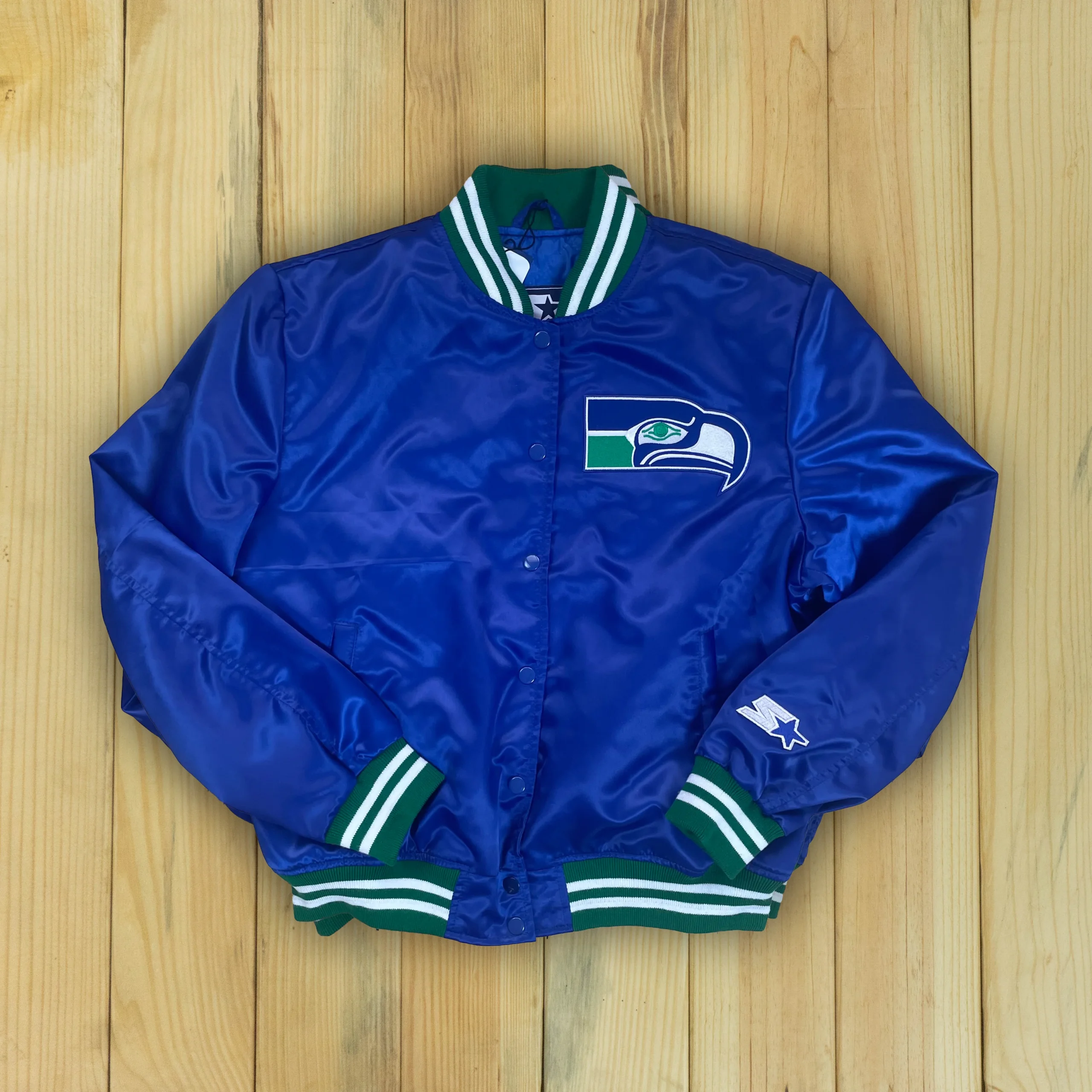 Seattle Seahawks Women’s Full Count Blue Satin Varsity Jacket