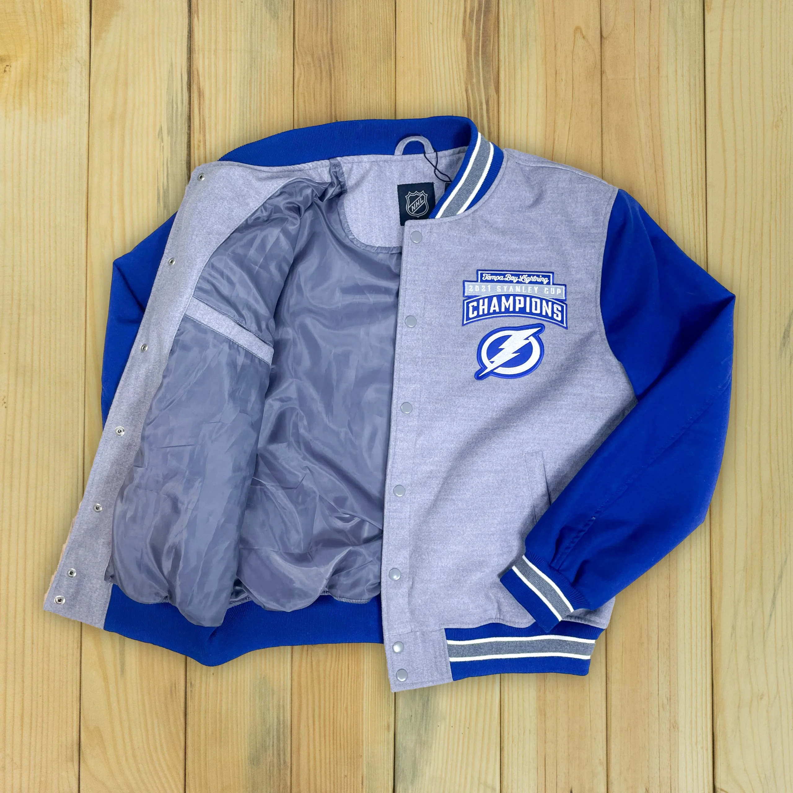 Alternative view of Tampa Bay Lightning 3 Time Stanley Cup Champions Polyester Varsity Jacket