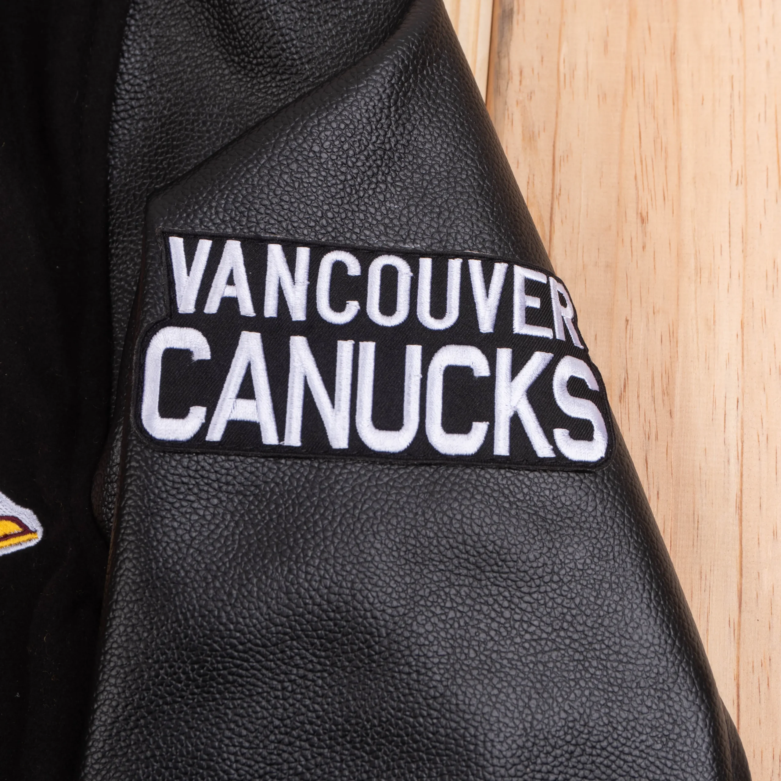 Vancouver Canucks Letterman Full-Snap Black Wool & Leather Varsity Jacket - Image 4