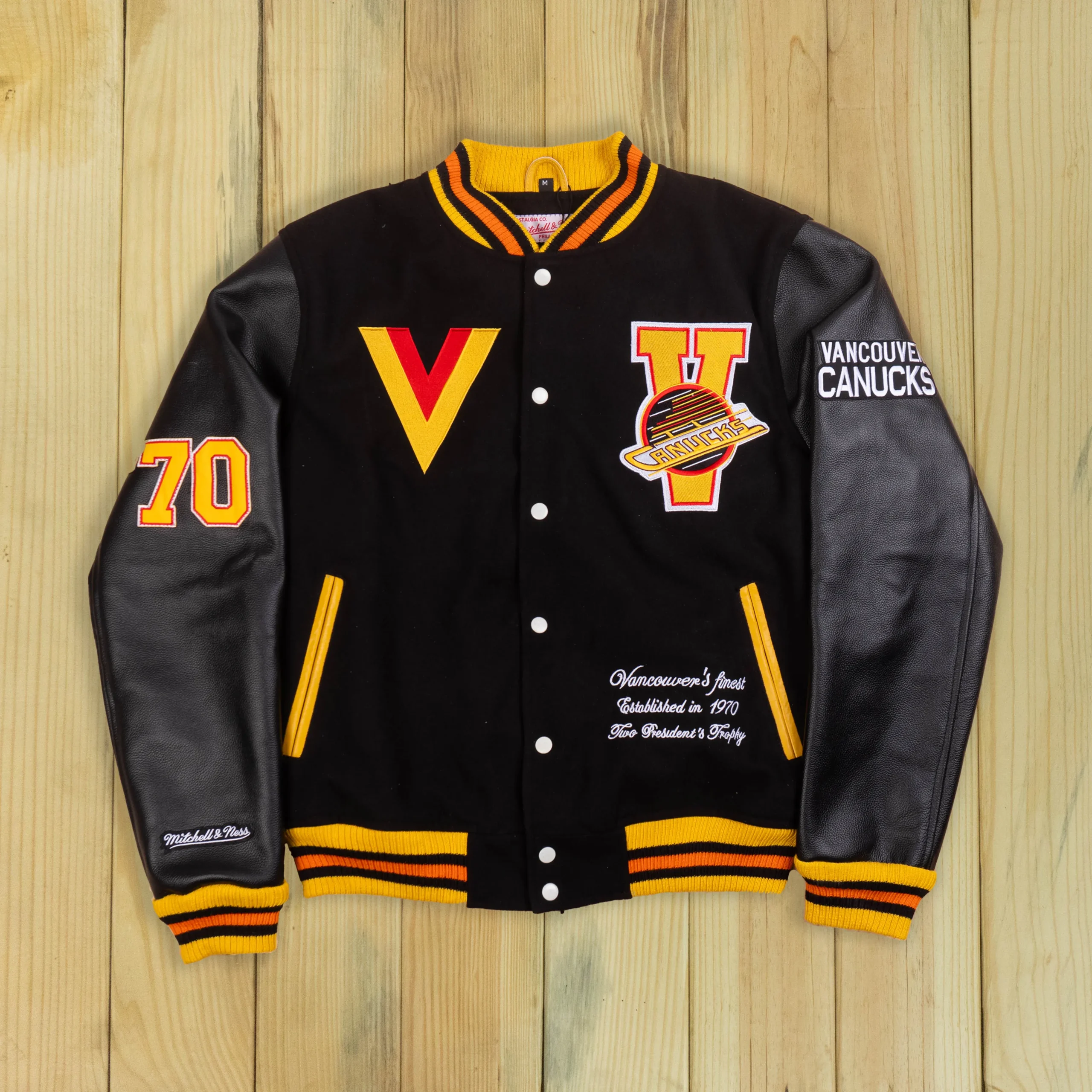 Vancouver Canucks Letterman Full-Snap Black Wool & Leather Varsity Jacket