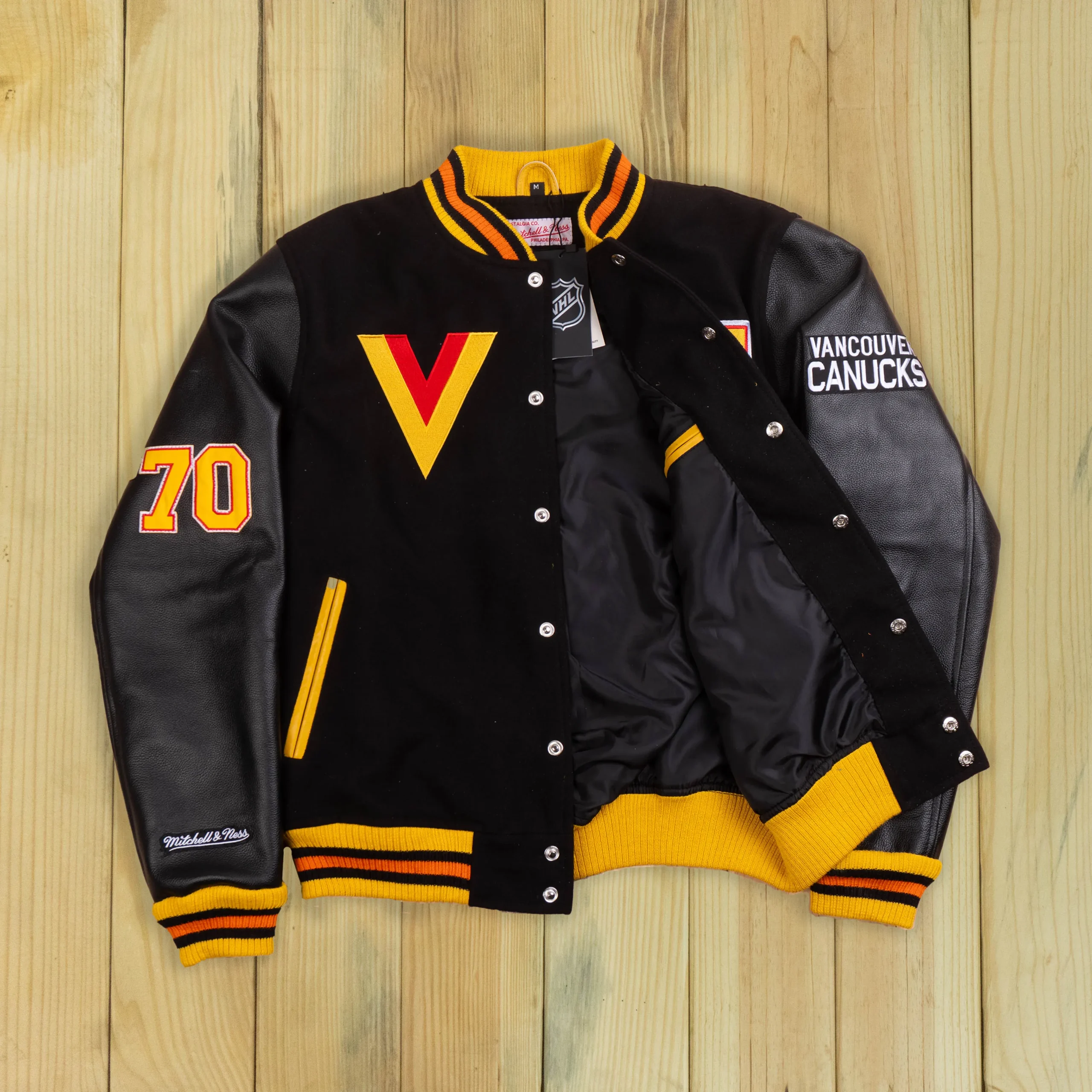 Vancouver Canucks Letterman Full-Snap Black Wool & Leather Varsity Jacket - Image 3